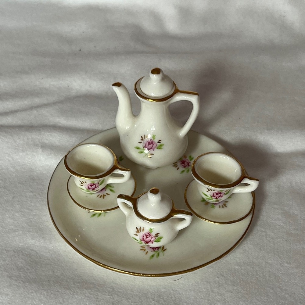 Vintage Miniature Porcelain Tea Set Pink Rose Gold Trim 8 Piece Dollhouse Decor